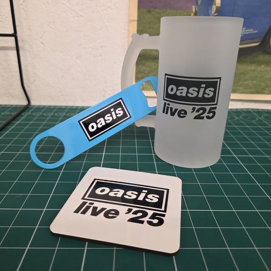 OASIS LIVE 25 STEIN, BOTTLE OPENER AND COASTER SET
